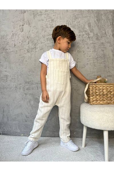 MİO Boy's Linen Brown Striped Salopet T-Shirt Set