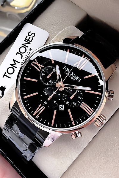 Tom Jones Original Cutter Glass Men's Wristwatch - Black Color Steel Band Gift Bracelet Gtje2098C5