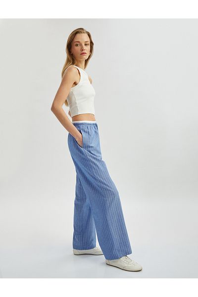 Koton New Season Double Waist Detailed Pocketed Cotton Viscose Fabric Straight Loose Wide Leg Trousers