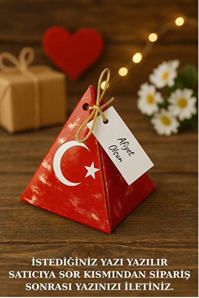 Emtory Home 30 Adet Gold Ipli Türk Bayraklı Piramit Kutu - 29 Ekim Hediye - Ş...