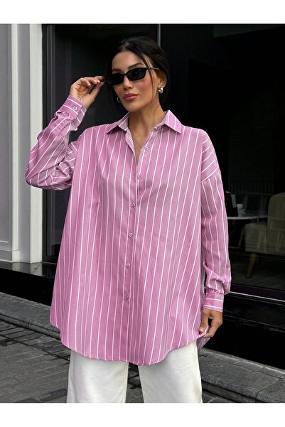 Muzzem Cămașă oversize din popelin roz cu dungi de damă