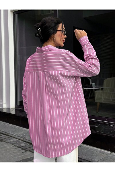 Muzzem Cămașă oversize din popelin roz cu dungi de damă