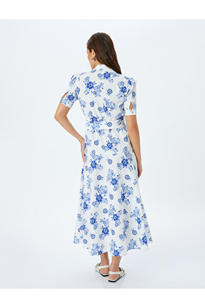 Koton Cotton belt-detail short sleeve wrap collar maxi floral dress.