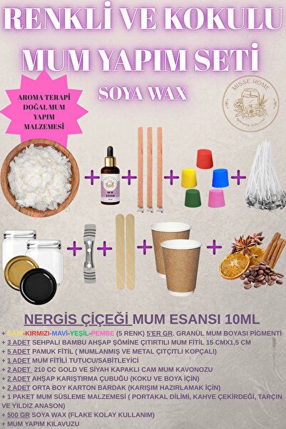 Misse Nergis Mum Yapım Seti (Full) Soya Wax + Mum Esansı + Mum Boyası + Mum K...