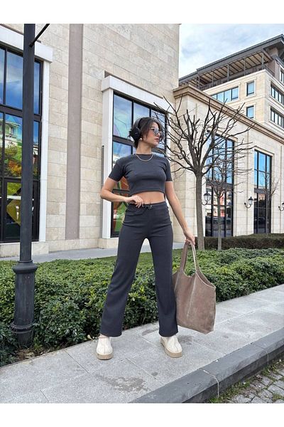 şıklık durağı Camisole Woven Cotton Crew Neck Short Sleeve Crop Blouse & Wide Leg High Waist 2-Piece Bottom Top Set