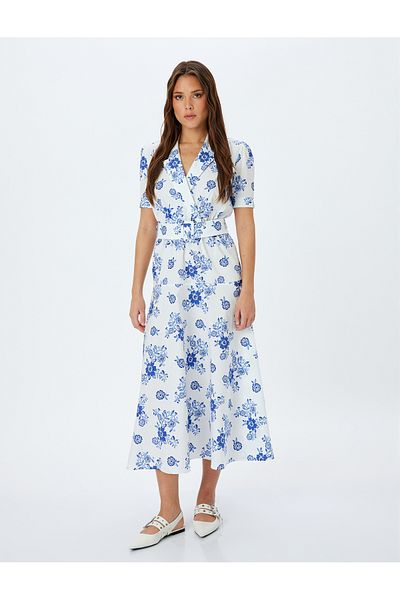 Koton Cotton belt-detail short sleeve wrap collar maxi floral dress.