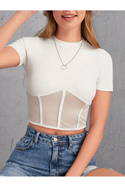 şıklık durağı Stand Collar Tulle Detail Camisole Woven Cotton Fabric Women's Blouse