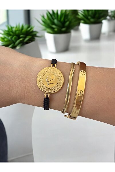 Bade Çeyrekli Ayarlanabilir Altın Kaplama Siyah İp Bileklik