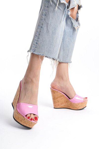 owwox club Hazel; Pink, 12 cm Cork Sole Wedge Heeled Slippers