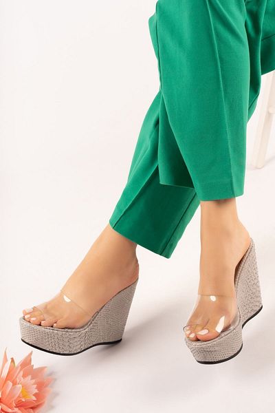 owwox club Quinn; Women's Gray Snake Patterned Transparent Slippers with 12 Cm Wedge Heels
