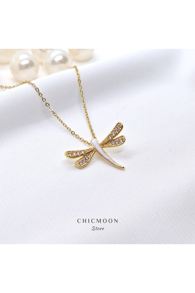CHICMOON STORE Çelik Altın Rengi Zirkon Taşlı Yusufçuk Kolye