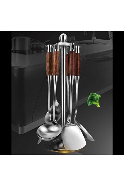 Lotus rose Stainless Steel Kitchen Utensil Set with Wooden Handles, Soup Spoon, Turner Skimmer Set, 7pcs