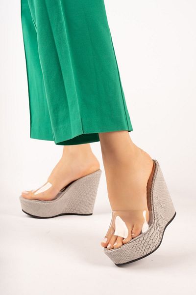 owwox club Quinn; Women's Gray Snake Patterned Transparent Slippers with 12 Cm Wedge Heels