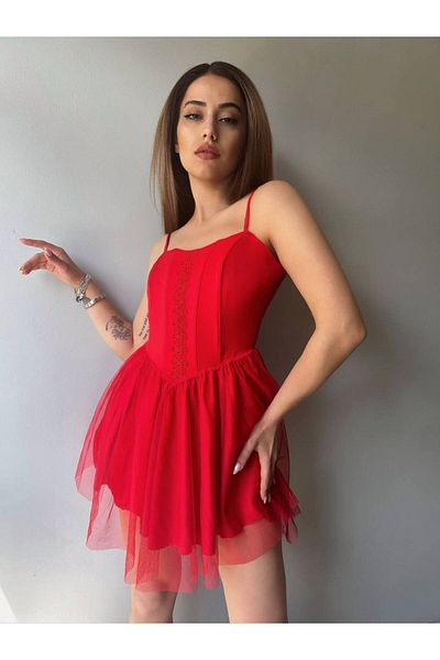 Fav Style Women's Thin Strap Guipure Detailed Skirt - Red Mini Dress
