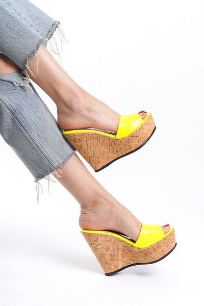 owwox club Hazel; Neon Yellow, 12 cm Cork Sole Wedge Heeled Slippers