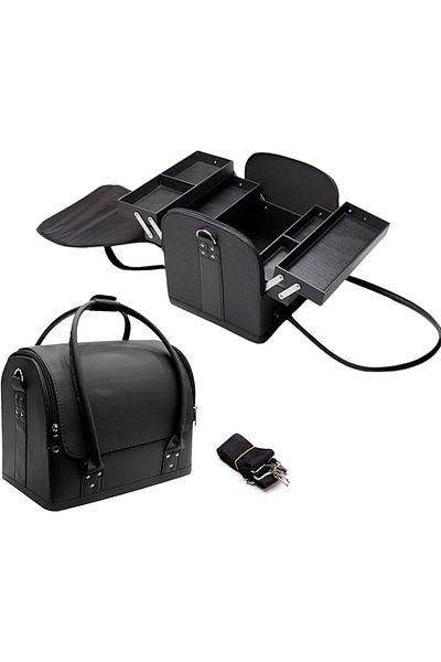 COOYA Large 4-Layer PU Makeup Case, Professional Travel Storage Box with Shoulder Strap