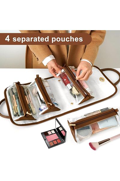 COOYA 4-in-1 Leather Waterproof Makeup Bag,Roll-Up Hanging Storage with 4 Detachable Transparent Pouches