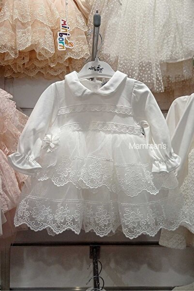 Mamman's Mini, Uzun Kollu Dantelli  Tül Detaylı Yenidoğan Bebek Elbise, Mevlü...