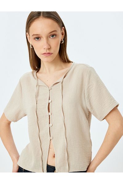 Koton New Season V-Neck Short Sleeve Button Lace-Up Neckline Shirt