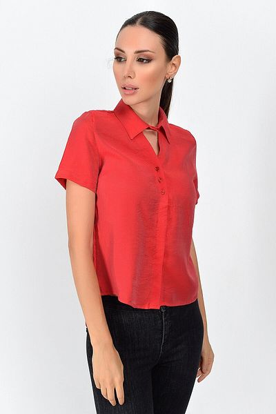 bacc Women's Red Short Sleeve Bodrum Fabric Shirt with Window on the Front Co- 259362998