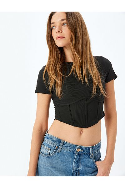 Koton New Season Short Sleeve Round Neck Corset Detailed Crop Ribbed T-Shirt