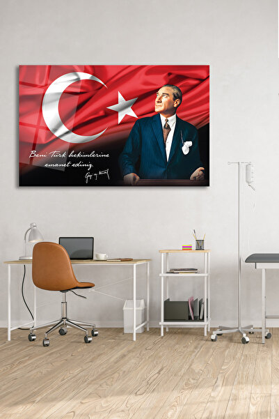 home dekors Atatürk Portre ve Türk Bayrağı Yatay Cam Tablo, Ev, İş, Kurum, Ofis, Makam Odası Hediyelik Tablo