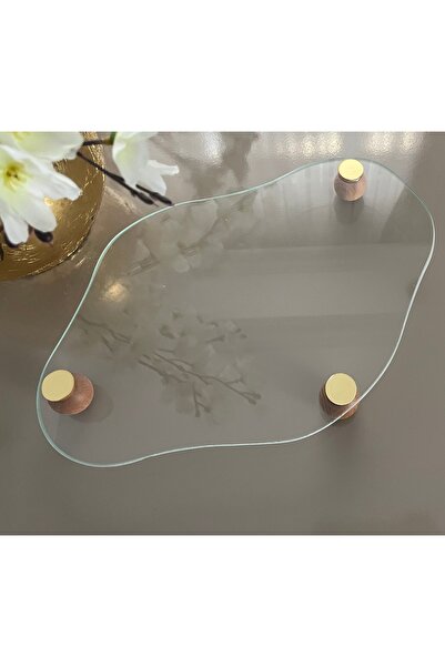 Meralles Eğri Cam Tepsi Ahşap Top Ayaklı Bulut Model Dekoratif Organizer Düzenleyici Stant