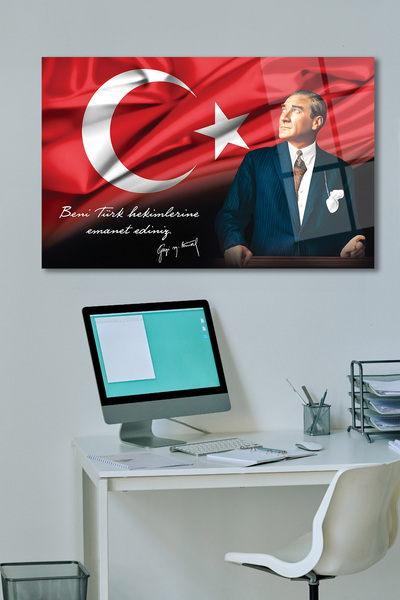 home dekors Atatürk Portre ve Türk Bayrağı Yatay Cam Tablo, Ev, İş, Kurum, Ofis, Makam Odası Hediyelik Tablo