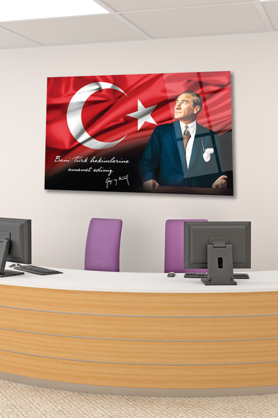 home dekors Atatürk Portre ve Türk Bayrağı Yatay Cam Tablo, Ev, İş, Kurum, Ofis, Makam Odası Hediyelik Tablo