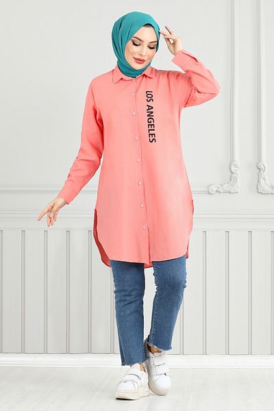 ModaMerve Text Printed Tunic 404Evo1065-M Salmon