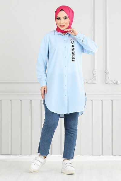 ModaMerve Tunica cu text imprimat 404EVO1065-M Baby Blue