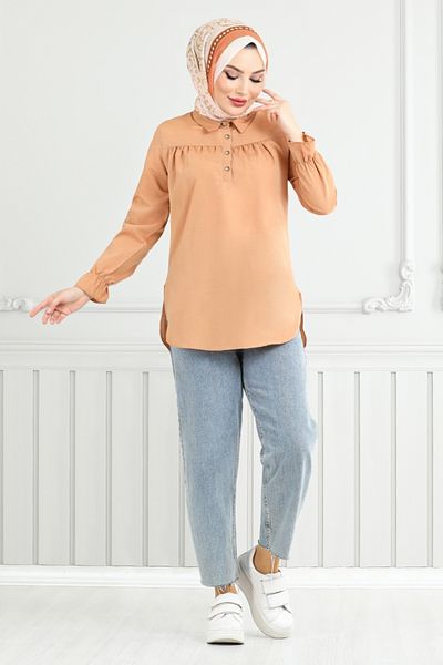 ModaMerve Half Button Tunic 402Evo1065-M Latte