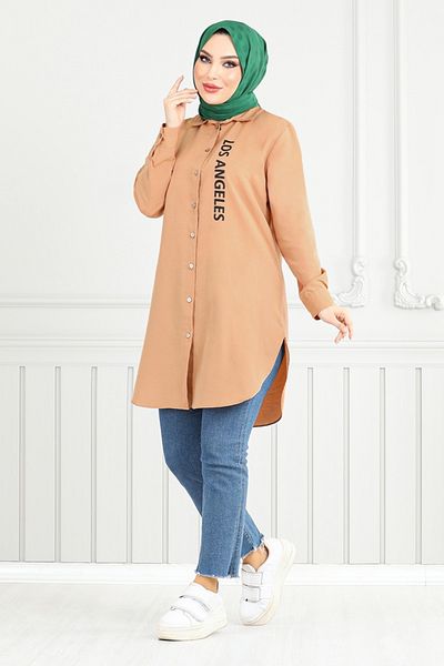 ModaMerve Text Printed Tunic 404Evo1065-M Latte