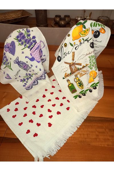 yörük tuhafiye 40X60 Cm. 3 Piece Illustrated Printed Kitchen Towel Set, Patterned Cream Color.