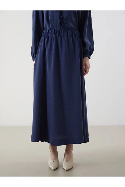 LC Waikiki Lcw Modest Navy Blue Elastic Waist Linen Blended Skirt