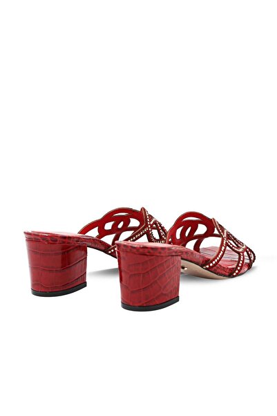 Vario Red Crocodile Stone Detailed Thick Heeled Slippers Z207 Red Crocodile