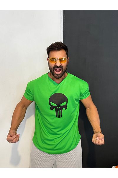 Bas Body FitnessWear V-Neck Pistachio Green Punisher Sports Training T-Shirt Lightweight Fabric Washable