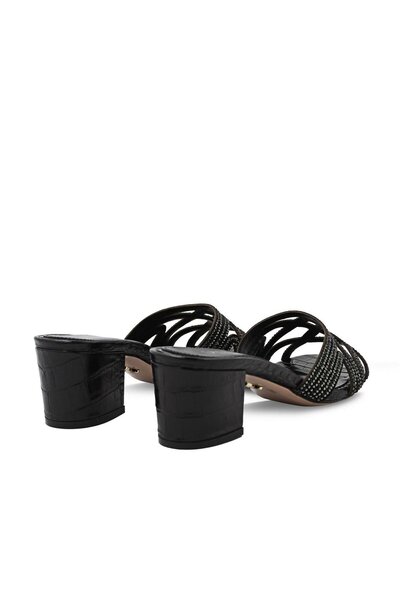 Vario Black Stone Detailed Thick Heeled Slippers Z147 Black Croco (Black Croco)
