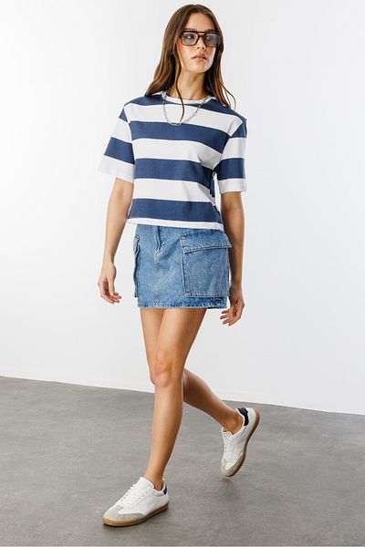 GENIUS STORE Μπλουζάκι με κοντό μανίκι με ριγέ με λαιμόκοψη με λαιμόκοψη CROP-Stripe
