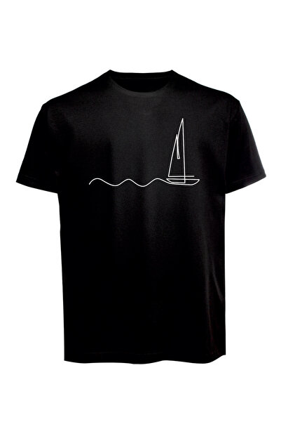 Baran Işık Unisex Heartbeat Nautical Printed T-Shirt Βαμβακερό χτενισμένο μπλ...