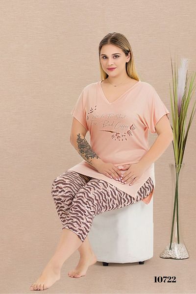 tarzımsüper Plus Size Elastic Waist Comfort Model Viscose Cotton Women's Capri Pajamas Suit