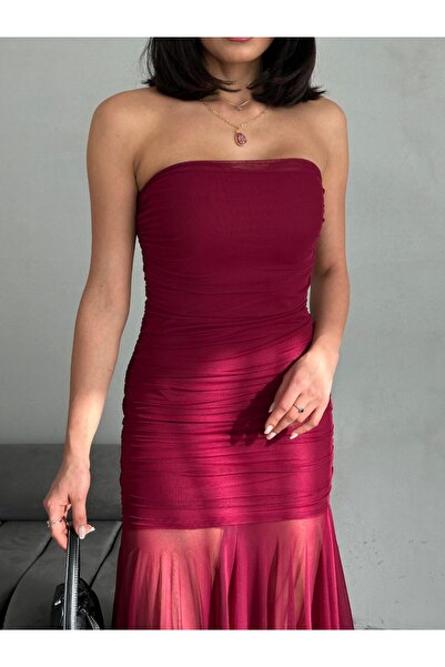 ZISHAN Tül Detaylı Asimetrik Drapeli Straplez Kadın Abiye Elbise 096