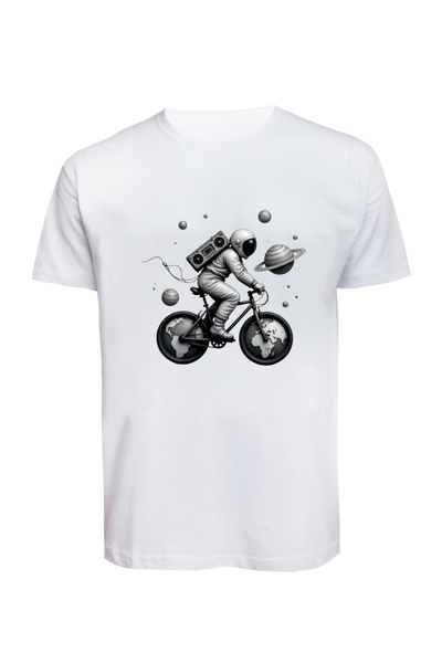 Baran Işık Unisex majica sa printom svemirskog astronauta i bicikla, pamuk, č...