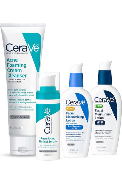 CeraVe Skin Care Set for Acne Treatment with Face Wash, Retinol Serum, AM Moisturizer SPF & PM Moist