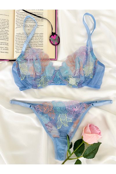 Arinda Fairytale Baby Blue Cupless Underwire Embroidery Underwear Set