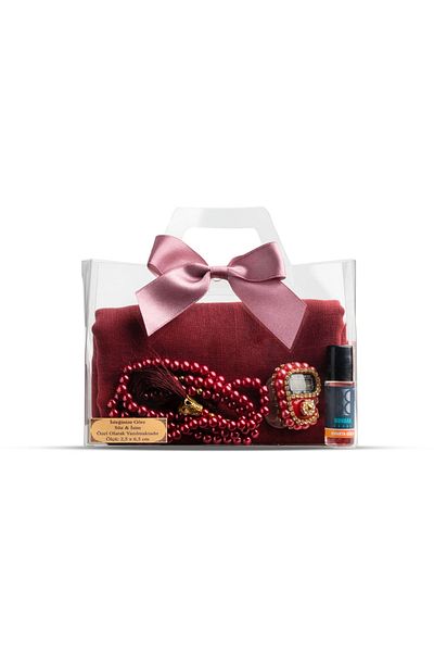 Hayrat Neşriyat Σετ δώρου Tasbih + Scarf + Zikirmatik + Essence (Acetate Box με τσάντα, Claret Red)