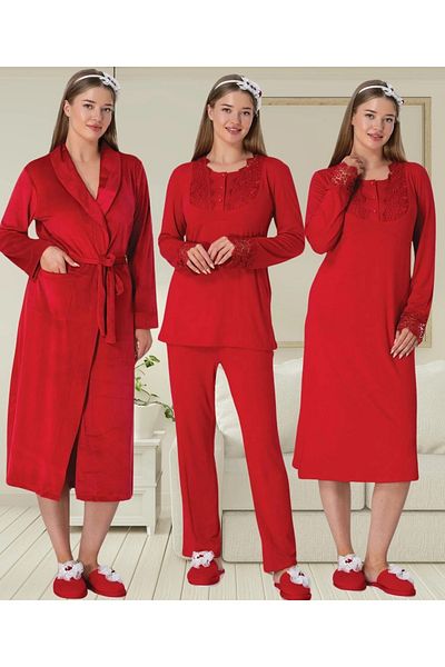 Mecit Pijama Velvet Dressing Gown + Nightgown + Pajamas Maternity Set of 4 75% Viscose 20% Viscose 5% Lycra