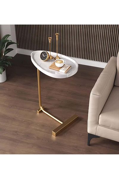 COOYA C Shape Movable Side Table, With Black Metal Frame, White Marble Wood, 70x45x30 cm, for bedroom