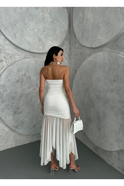 ZISHAN Tül Detaylı Asimetrik Drapeli Straplez Kadın Abiye Elbise 096