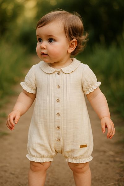 TRENDİMİZBİR Baby Girl Buttoned Cotton Beige Jumpsuit